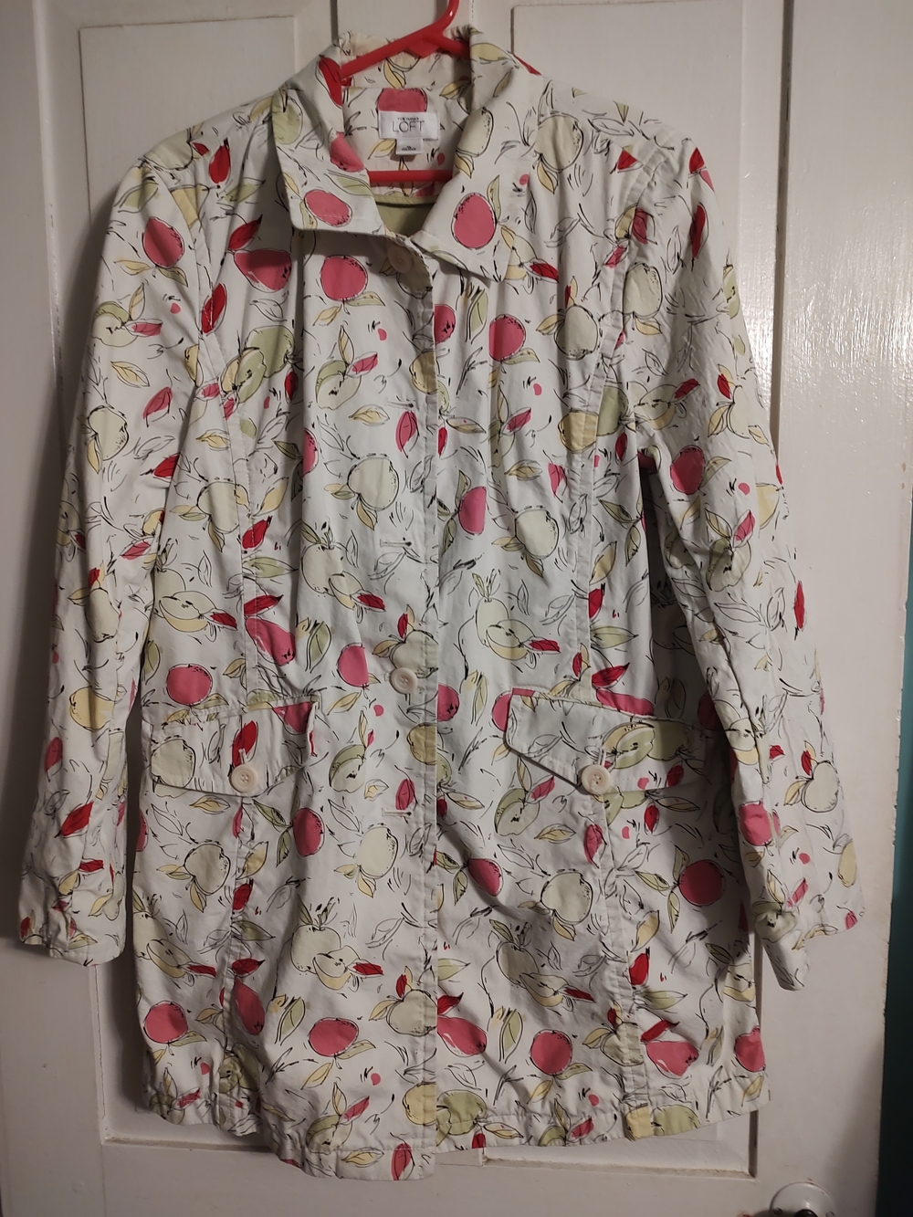 Ann Taylor Loft Fruit Print Mid-Length Jacket White Multicolor XL Long Sleeve